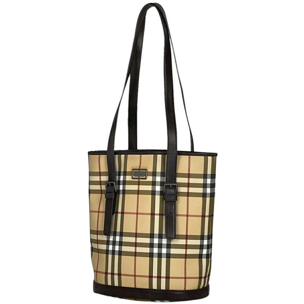 Burberry check tote bag logo shoulder Nova canvas brown beige
